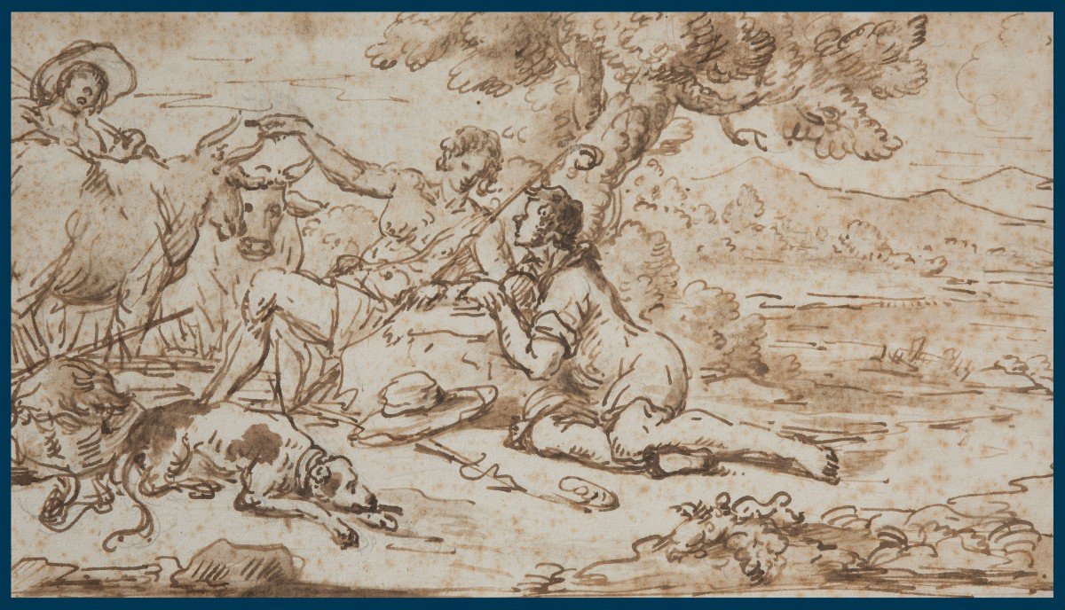 Italian School 17th Century "shepherds And Their Flock" Drawing/black Chalk, Pen And Brown Wash