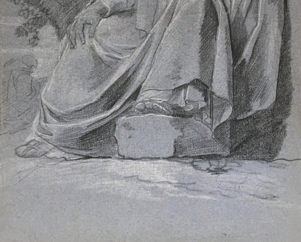 TAILLASSON Jean-Joseph (1745-1809), Attr. à "Homme drapé" Dessin/Pierre noire et craie blanche-photo-3