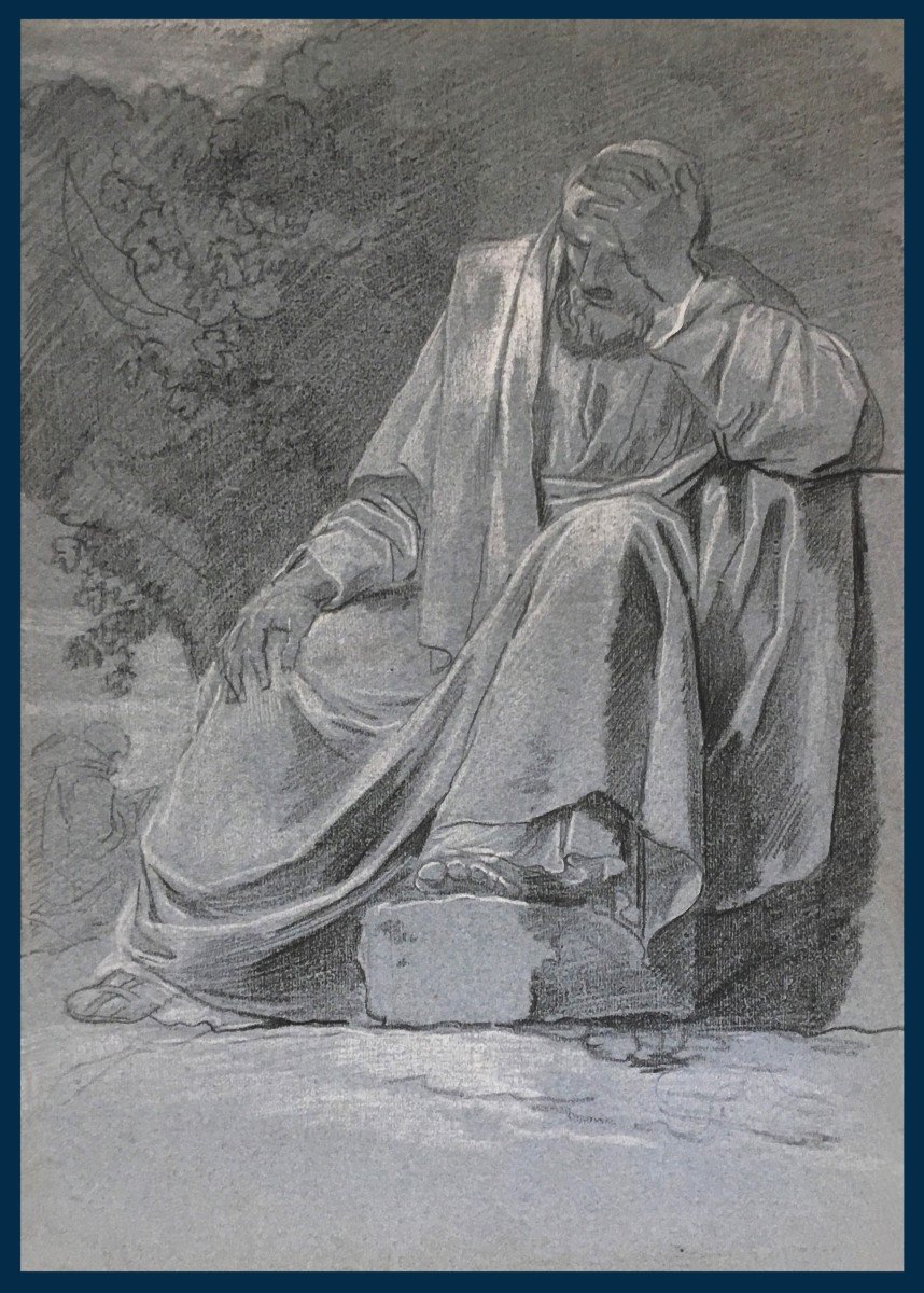 TAILLASSON Jean-Joseph (1745-1809), Attr. à "Homme drapé" Dessin/Pierre noire et craie blanche