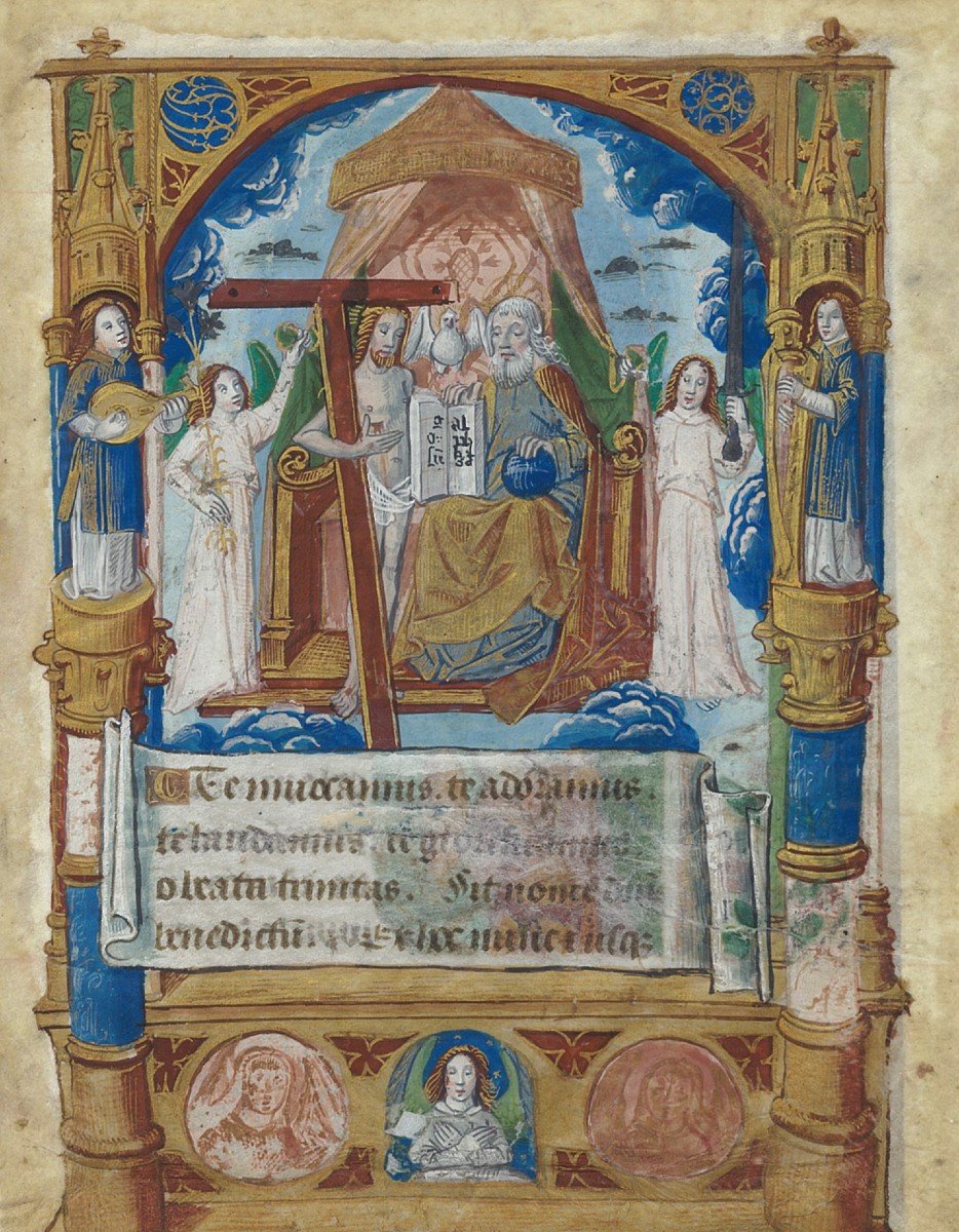 French School Late 15th"holy Trinity With Musician Angels" Illumination/gouache And Gold/vellum-photo-2