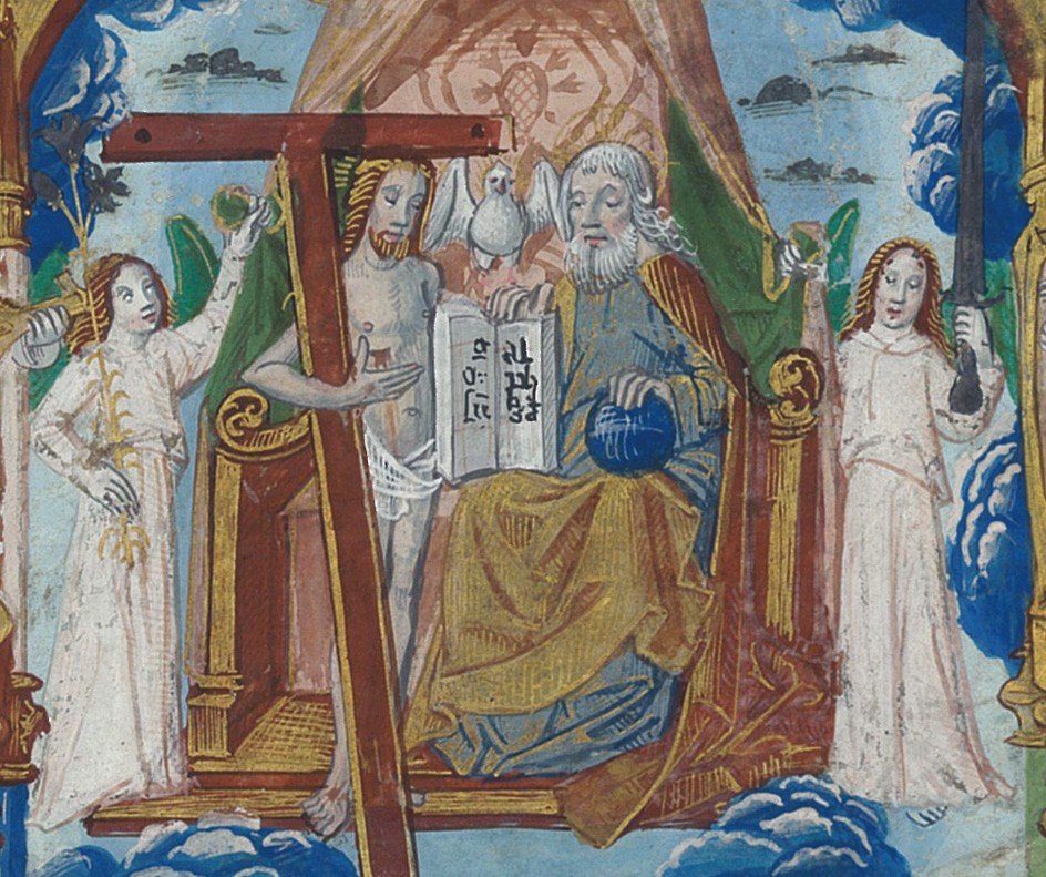 French School Late 15th"holy Trinity With Musician Angels" Illumination/gouache And Gold/vellum-photo-3