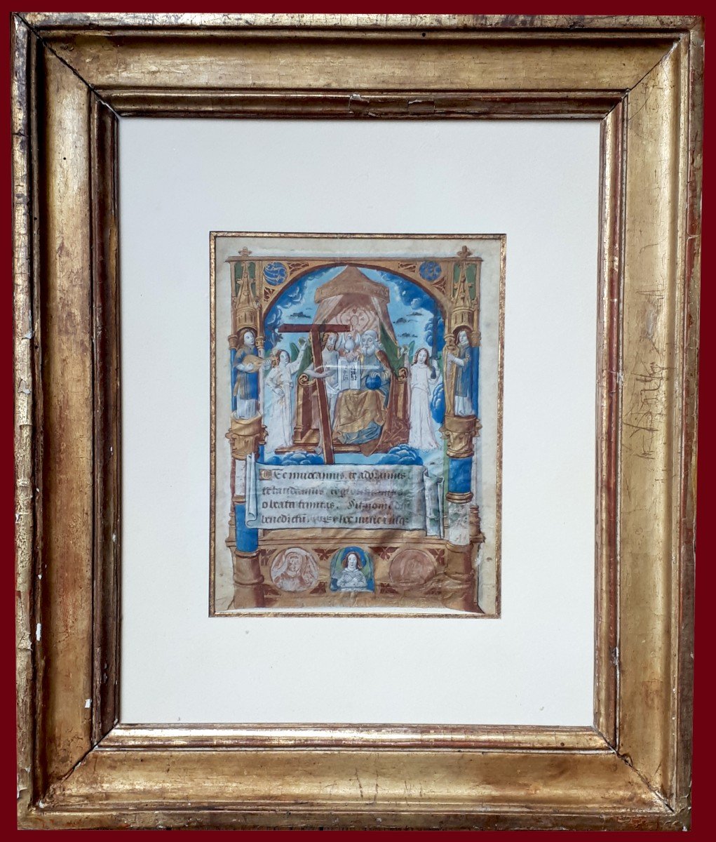 French School Late 15th"holy Trinity With Musician Angels" Illumination/gouache And Gold/vellum