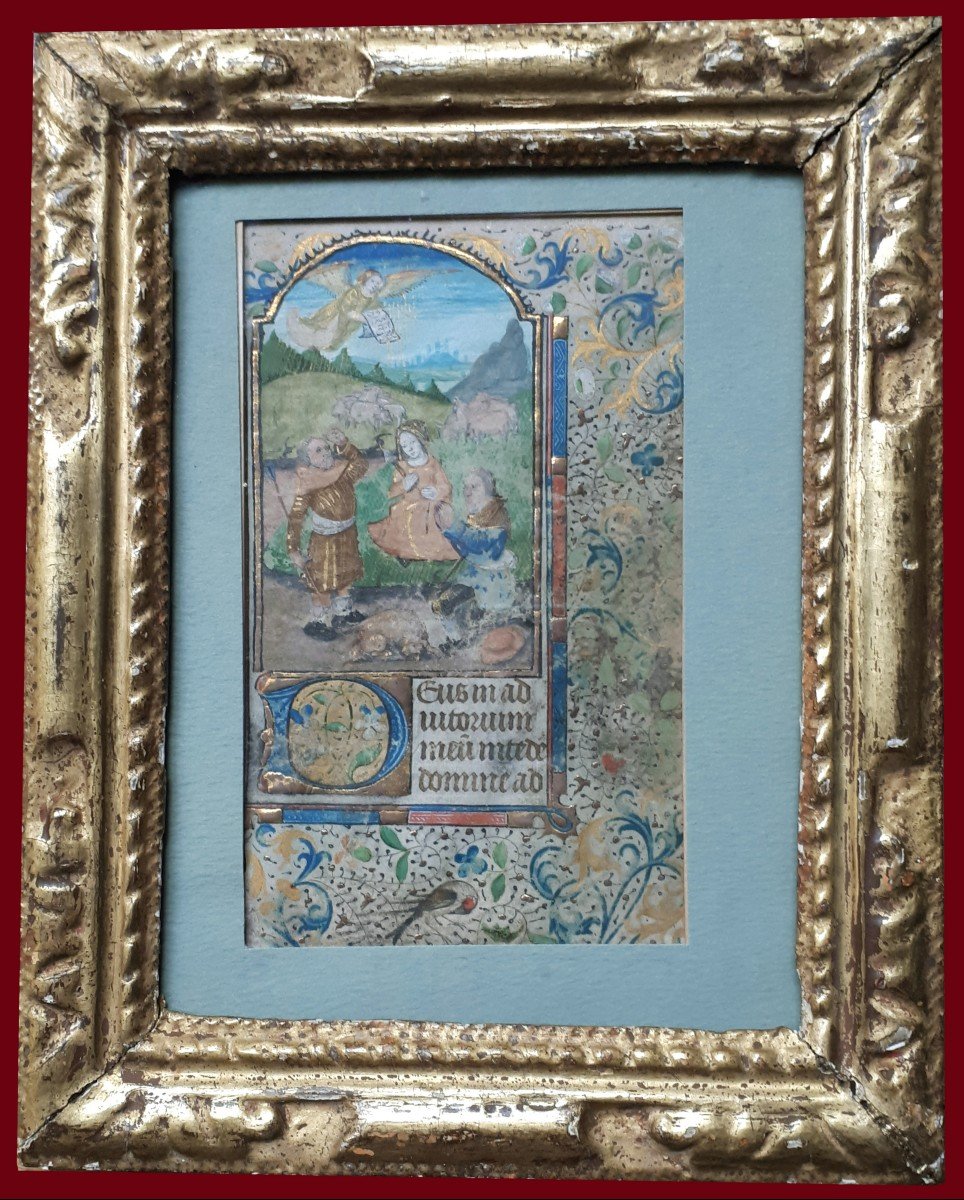ECOLE FRANÇAISE VERS 1480 "Scène religieuse N°3" Enluminure/Gouache, doré sur vélin, Cadre 18e