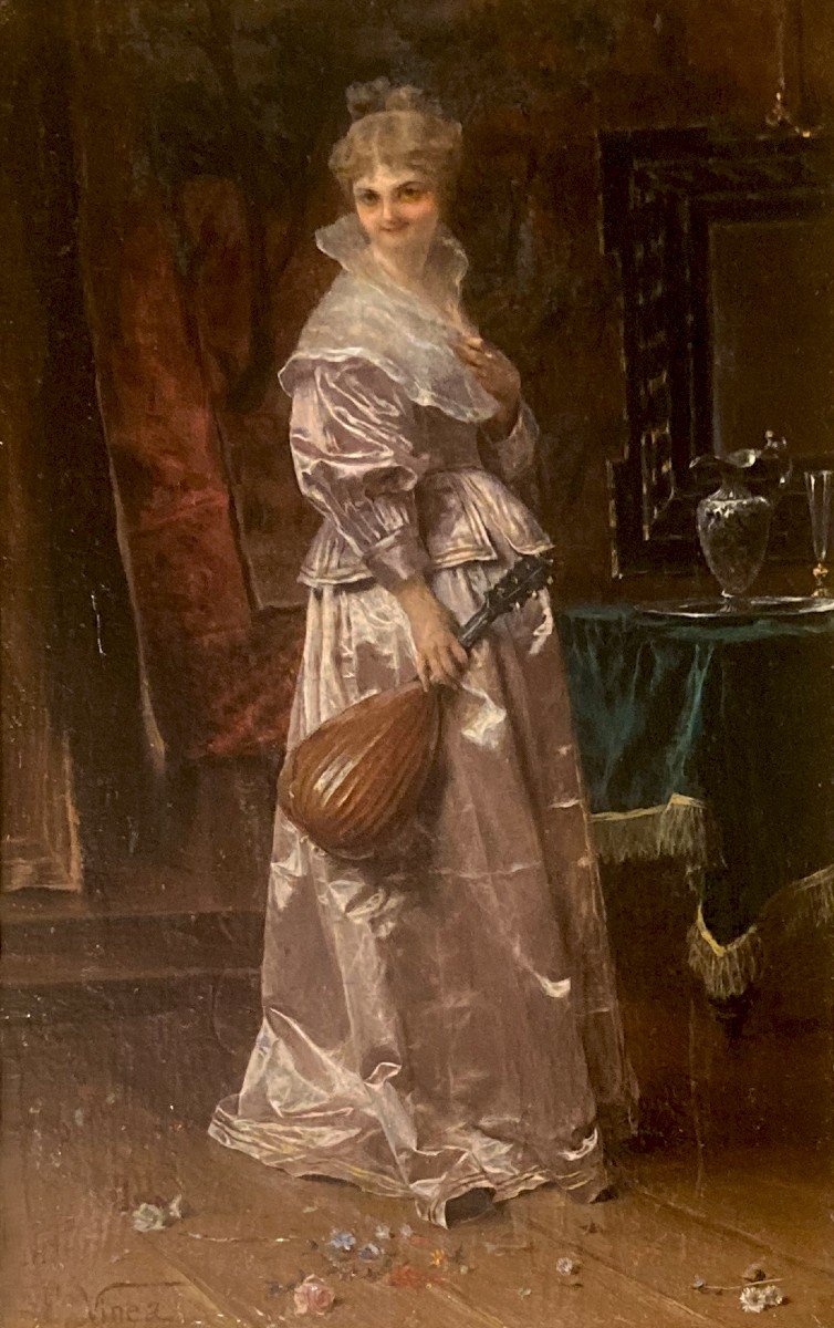 VINEA Francesco (1845-1902) "Une élégante" Huile sur panneau, Signé, Cadre époque 19e-photo-2
