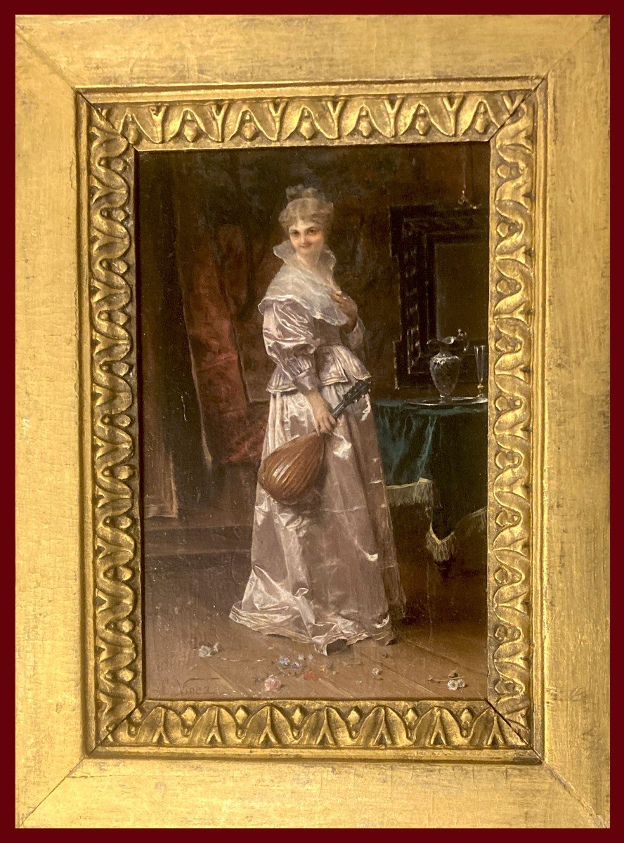 VINEA Francesco (1845-1902) "Une élégante" Huile sur panneau, Signé, Cadre époque 19e