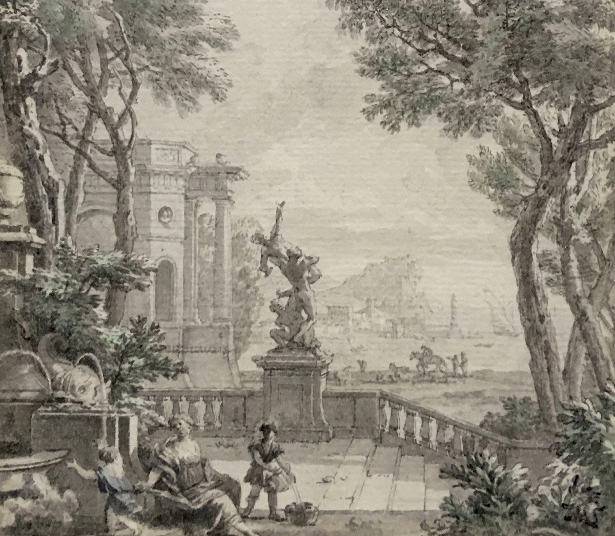 MOUCHERON Isaac (1670-1744) Ec. Hollandaise "Paysage animé à l'antique" Dessin/Plume,aquarelle-photo-3
