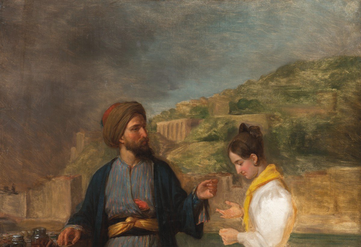 ECOLE FRANÇAISE VERS 1840 "Le marchand d'épices" Huile sur toile, Cadre d'époque 19e-photo-2