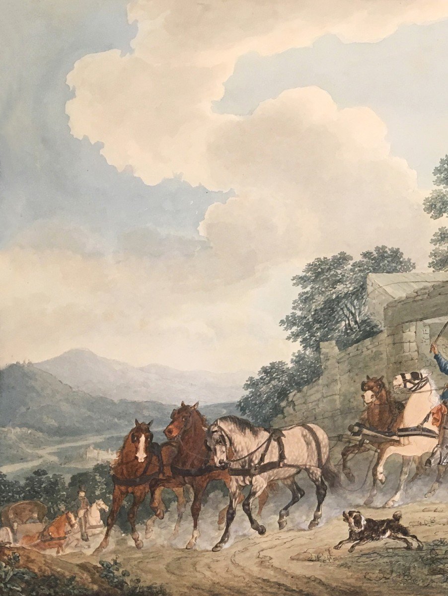 SAUERWEID Alexandre Ivanowich (1783-1844) "La calèche" Dessin/Plume,aquarelle,signé, daté,situé-photo-2