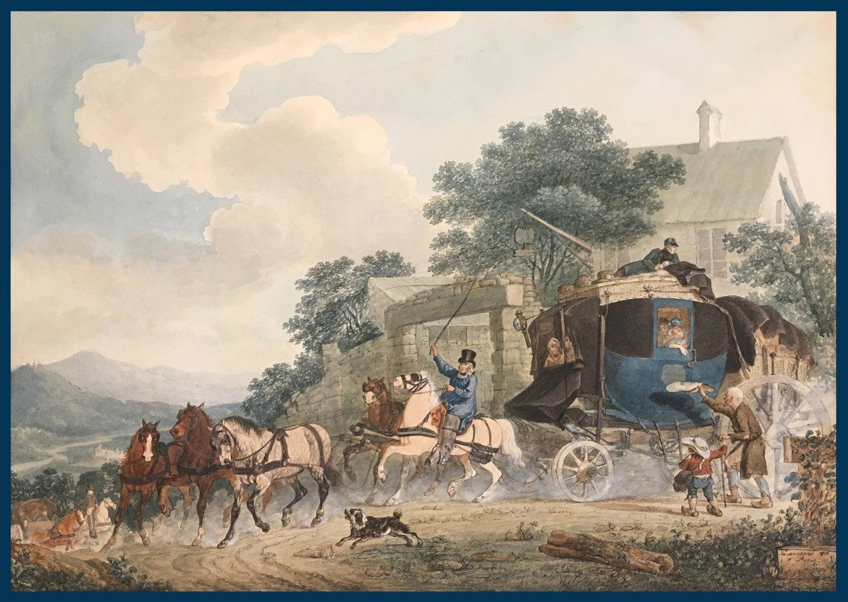 SAUERWEID Alexandre Ivanowich (1783-1844) "La calèche" Dessin/Plume,aquarelle,signé, daté,situé
