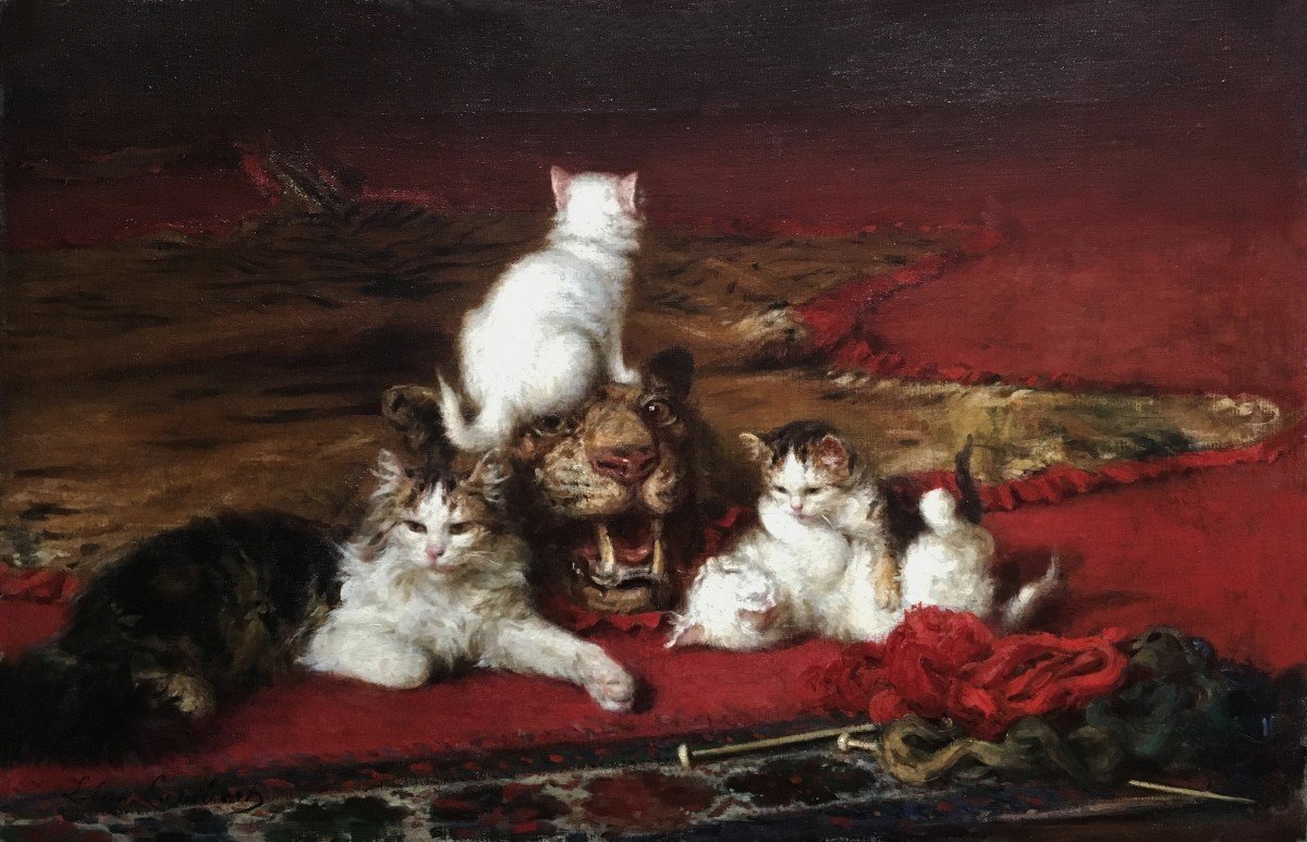 Lambert Louis-eugène (1825-1900) "cats & Tiger Head" Oil/canvas, Signed, Original 19th Century Frame-photo-2