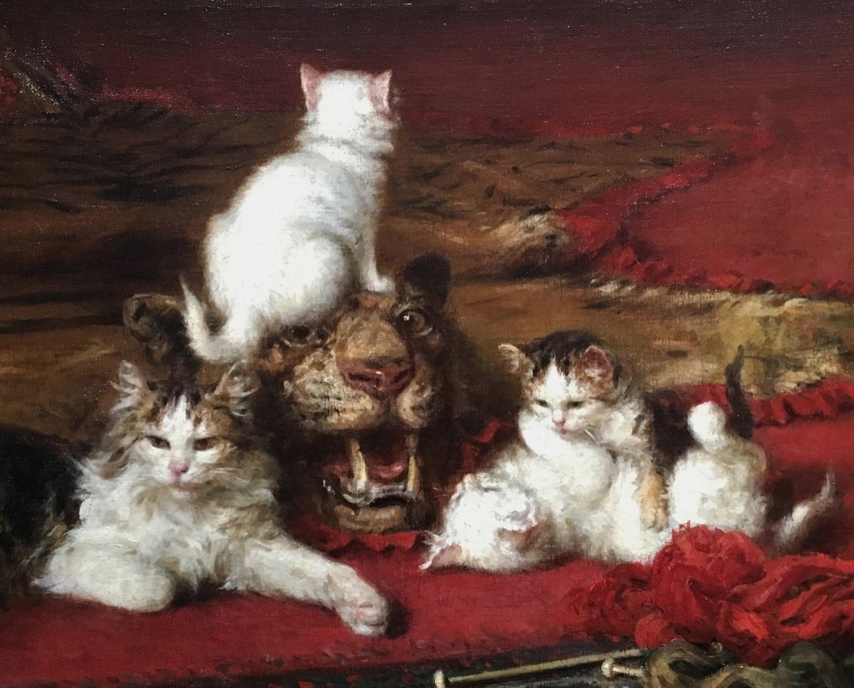 Lambert Louis-eugène (1825-1900) "cats & Tiger Head" Oil/canvas, Signed, Original 19th Century Frame-photo-3