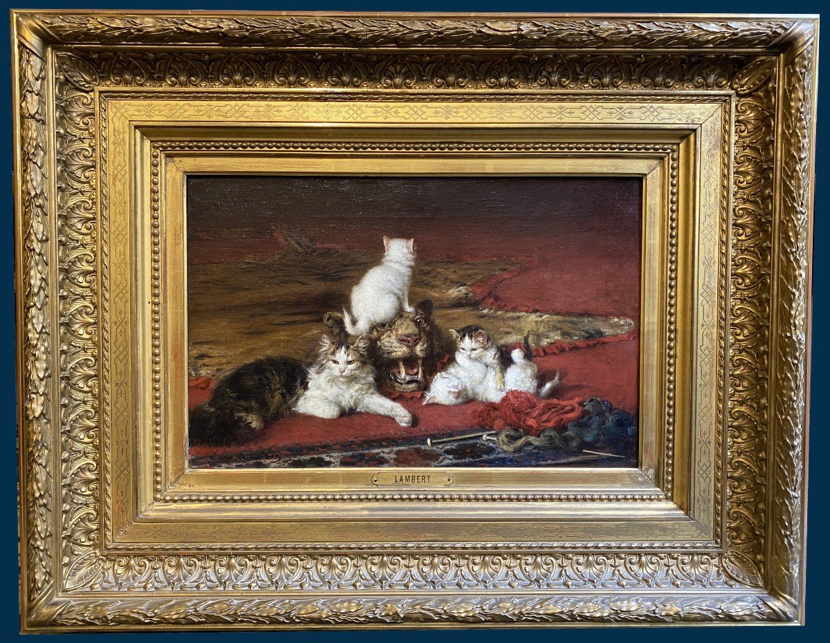 Lambert Louis-eugène (1825-1900) "cats & Tiger Head" Oil/canvas, Signed, Original 19th Century Frame