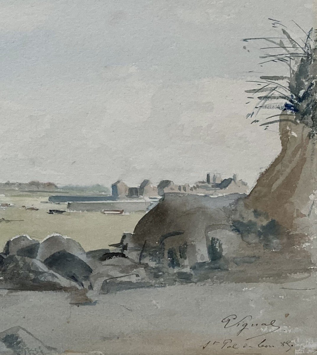 Vignal Pierre (1855-1925) "saint Pol De Léon In Brittany" Watercolor, Signed And Located-photo-4