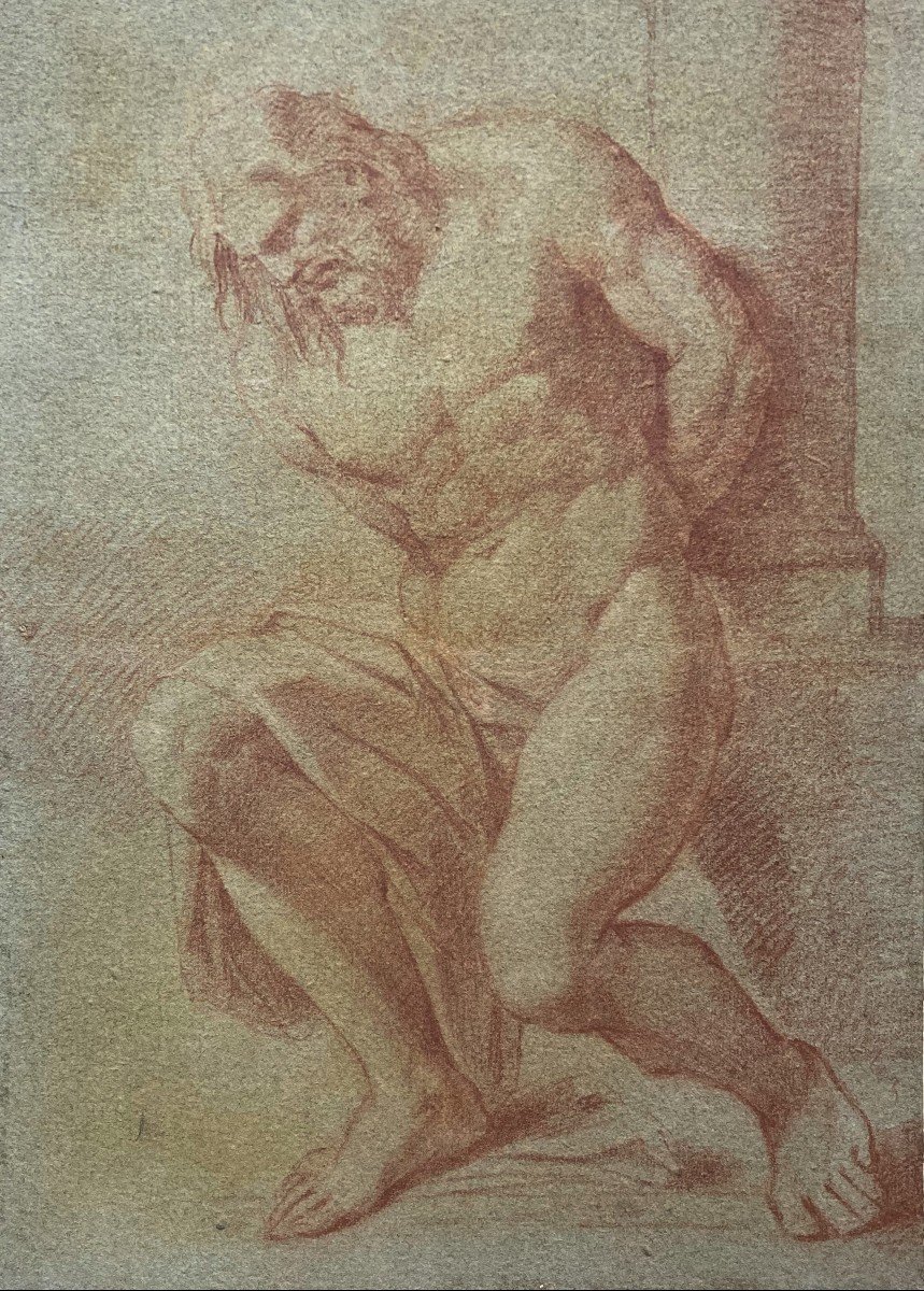 ECOLE ITALIENNE 17E SIECLE "Le Christ à la colonne" Dessin au crayon sanguine