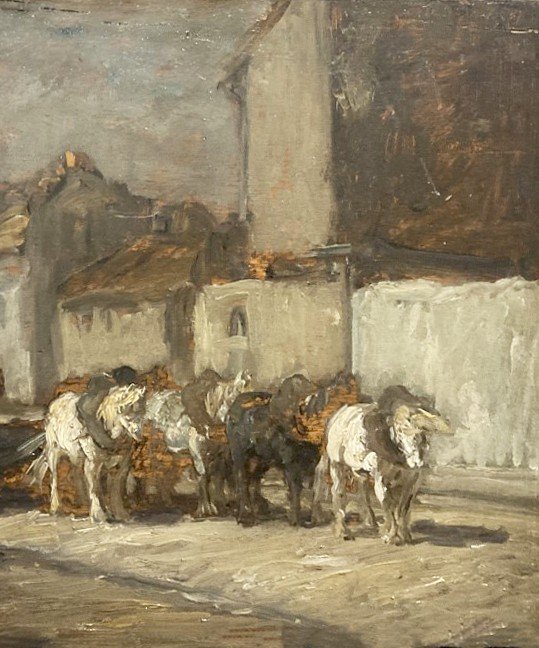Jacque Frédéric (1859-1931) "horses And Cart" Oil On Panel, Signed-photo-3
