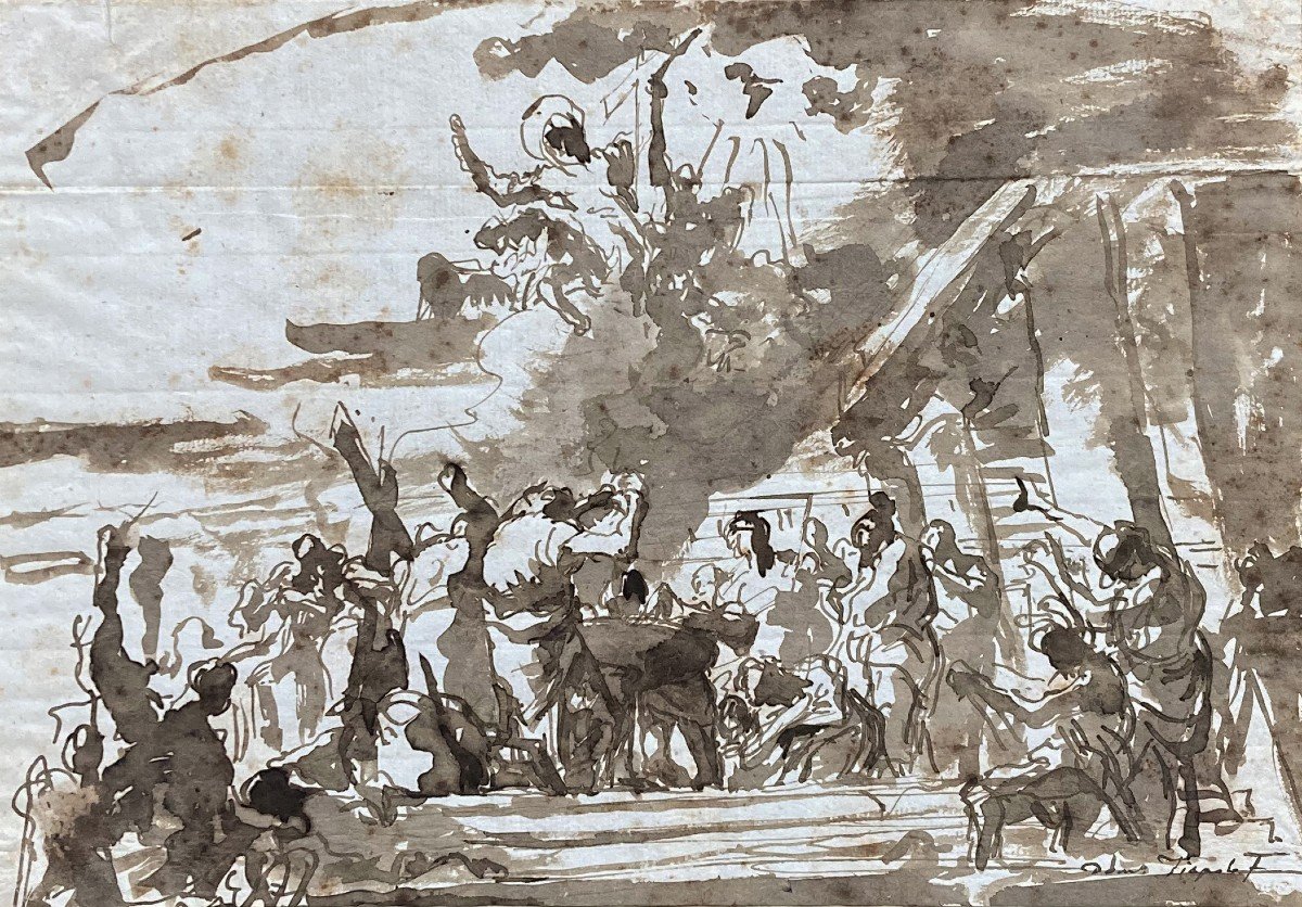Tiepolo Domenico Giovanni (1727-1804) "stoning St Stephen With Christ" Signed Drawing, Frame-photo-2