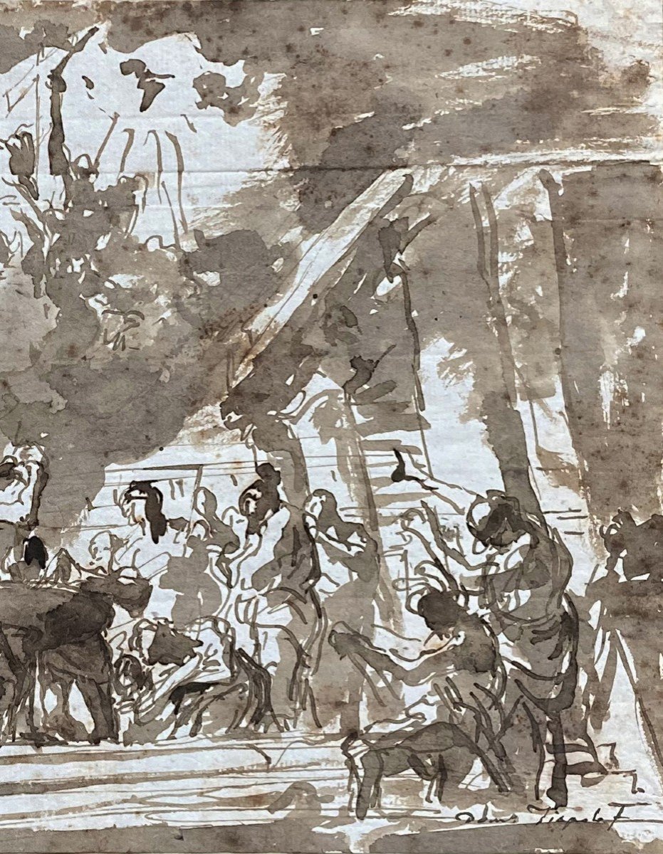 Tiepolo Domenico Giovanni (1727-1804) "stoning St Stephen With Christ" Signed Drawing, Frame-photo-4