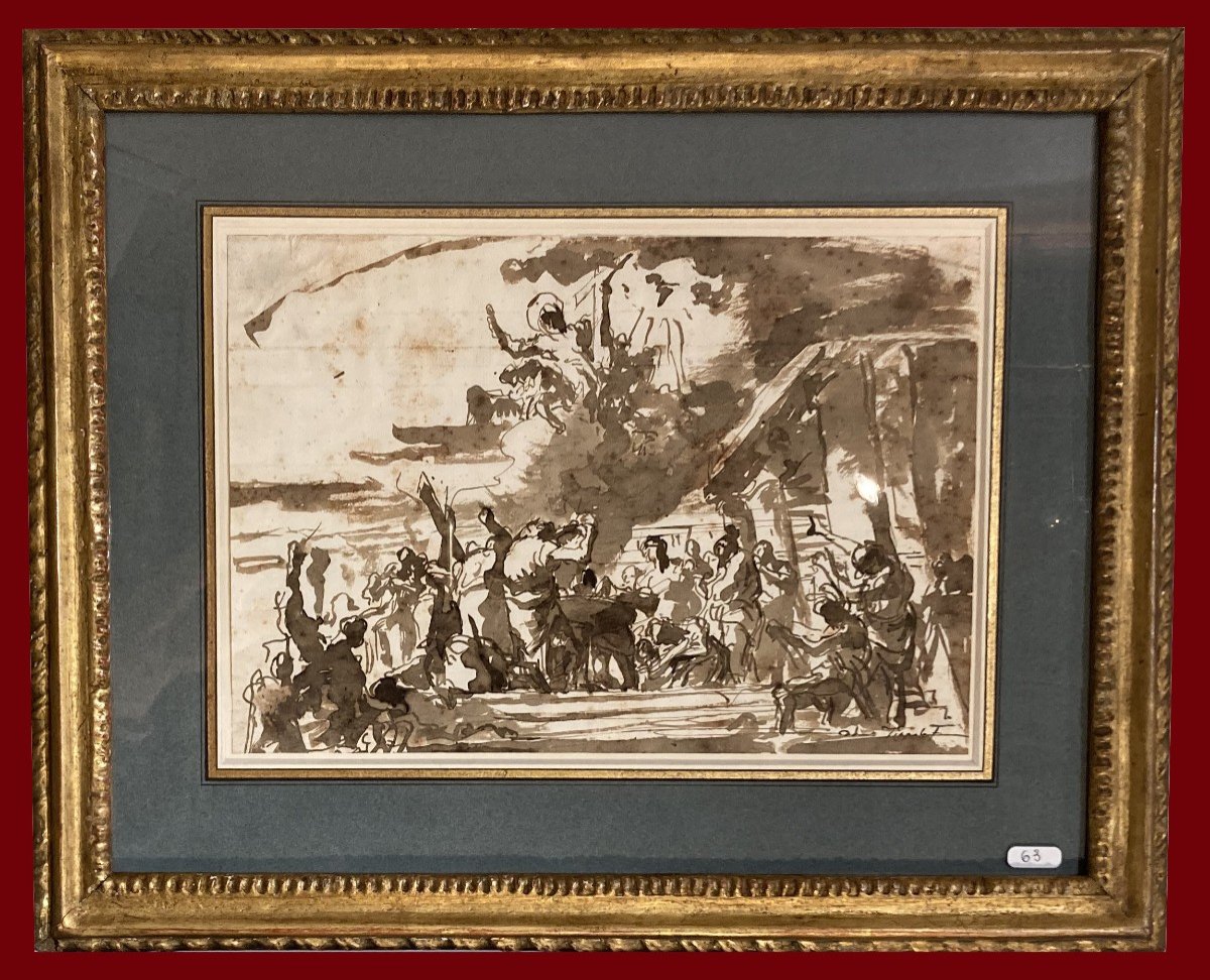 Tiepolo Domenico Giovanni (1727-1804) "stoning St Stephen With Christ" Signed Drawing, Frame
