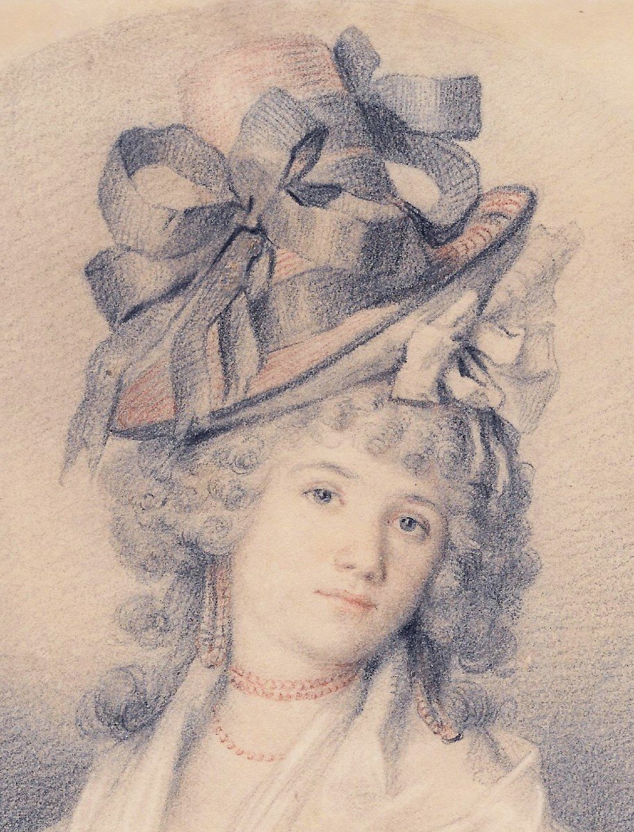 ECOLE FRANCAISE FIN DU 18E SIECLE "Femme au chapeau" Dessin au crayon noir et crayon sanguine-photo-4