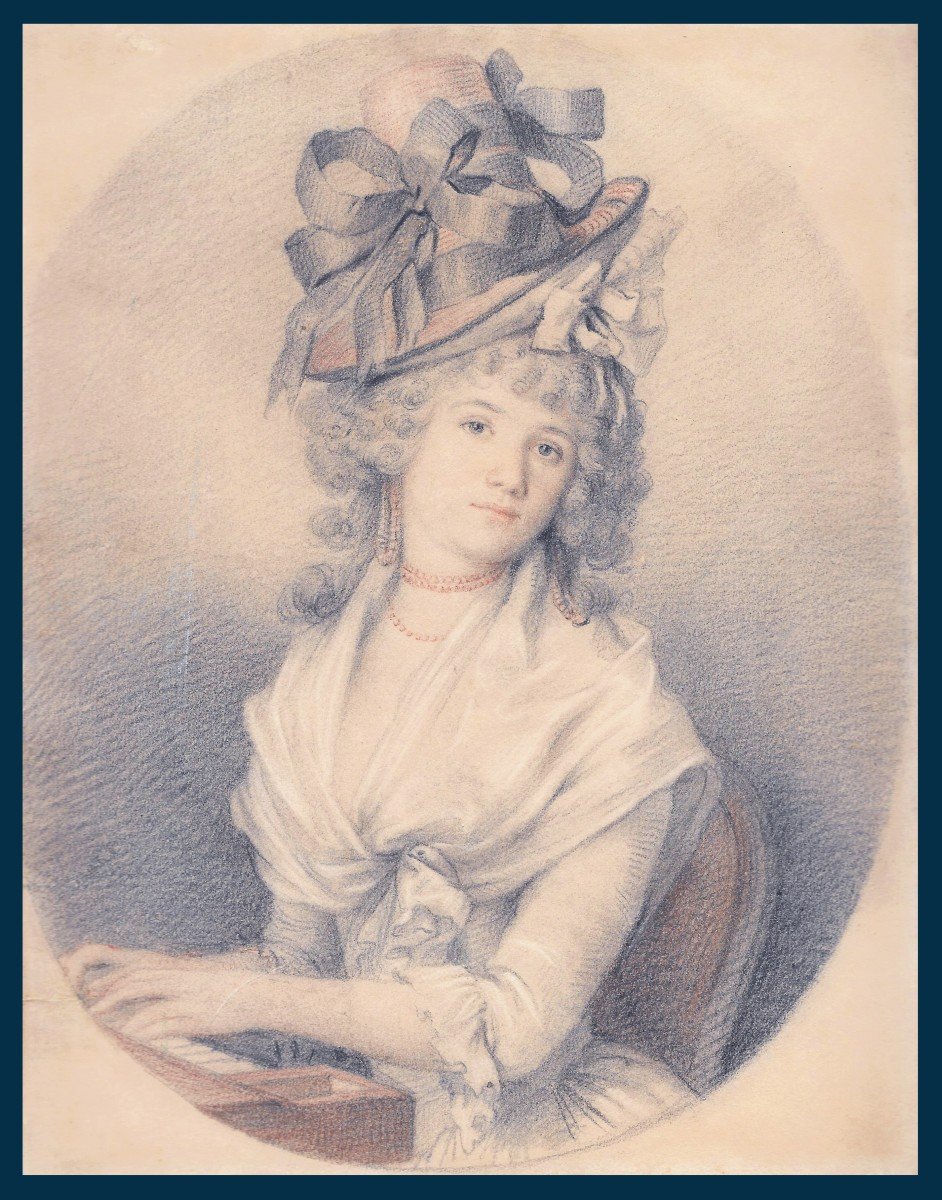ECOLE FRANCAISE FIN DU 18E SIECLE "Femme au chapeau" Dessin au crayon noir et crayon sanguine