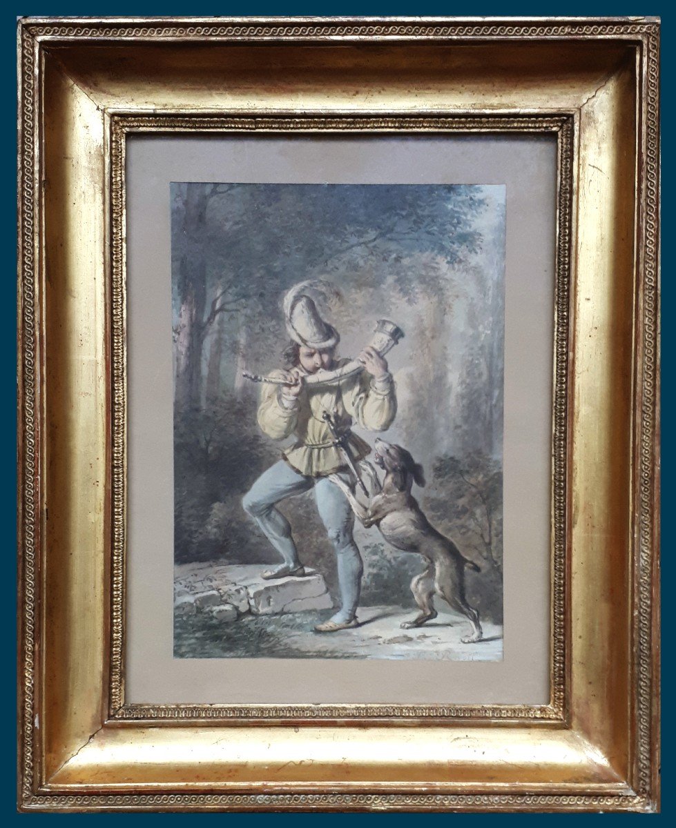 REVOIL Pierre (1776-1842) "Un jeune page" Aquarelle, Signé, Cadre d'époque du début 19e