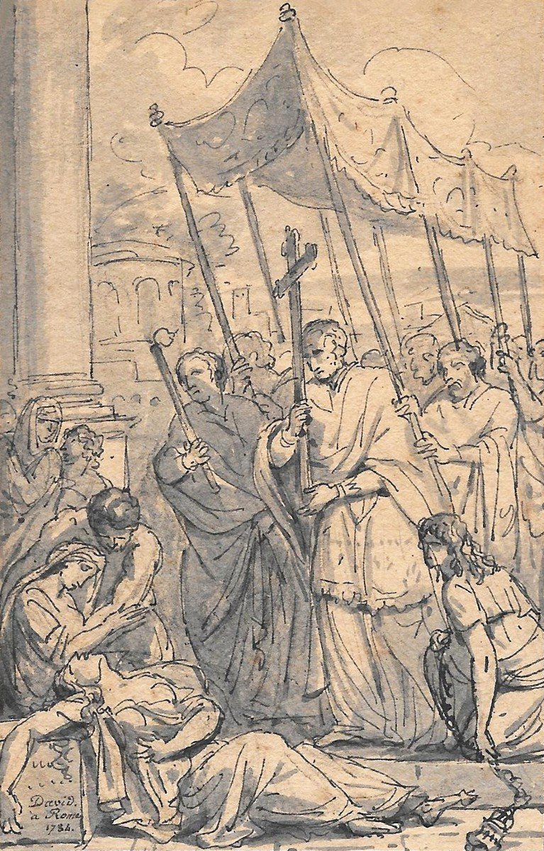 David Jacques-louis (1748-1825) Attribute To "procession Of A Bishop" Drawing/pen, Gray Wash, Signed-photo-2