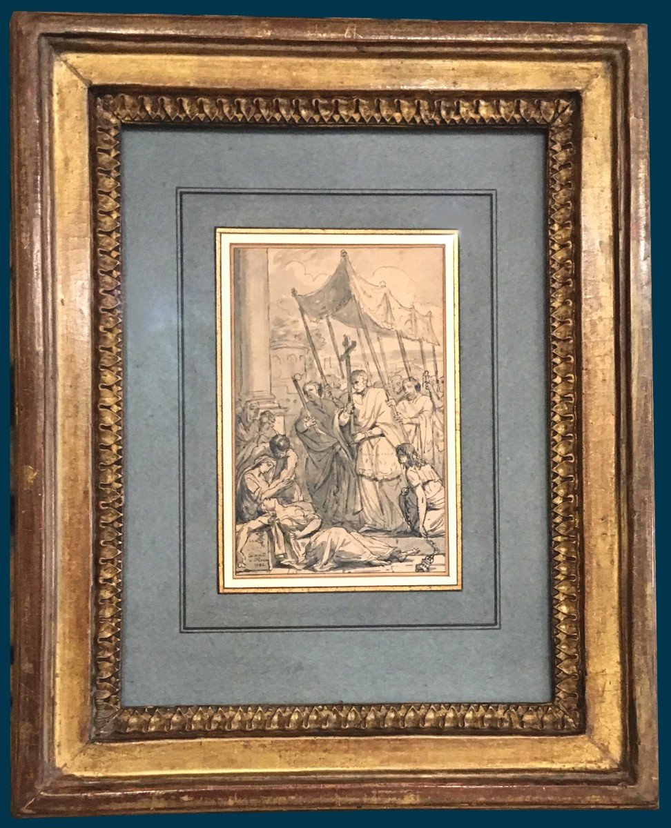 DAVID Jacques-Louis (1748-1825) Attrib.à "Procession d'un Évêque" Dessin/Plume,Lavis gris,Signé