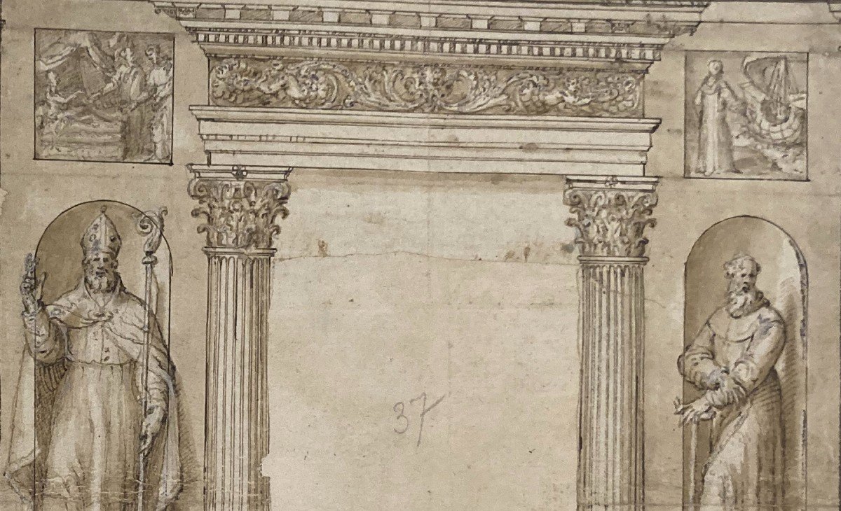 Italian School 17th Century "project Of Architectural Elements" Drawing In Pen And Brown Wash-photo-2