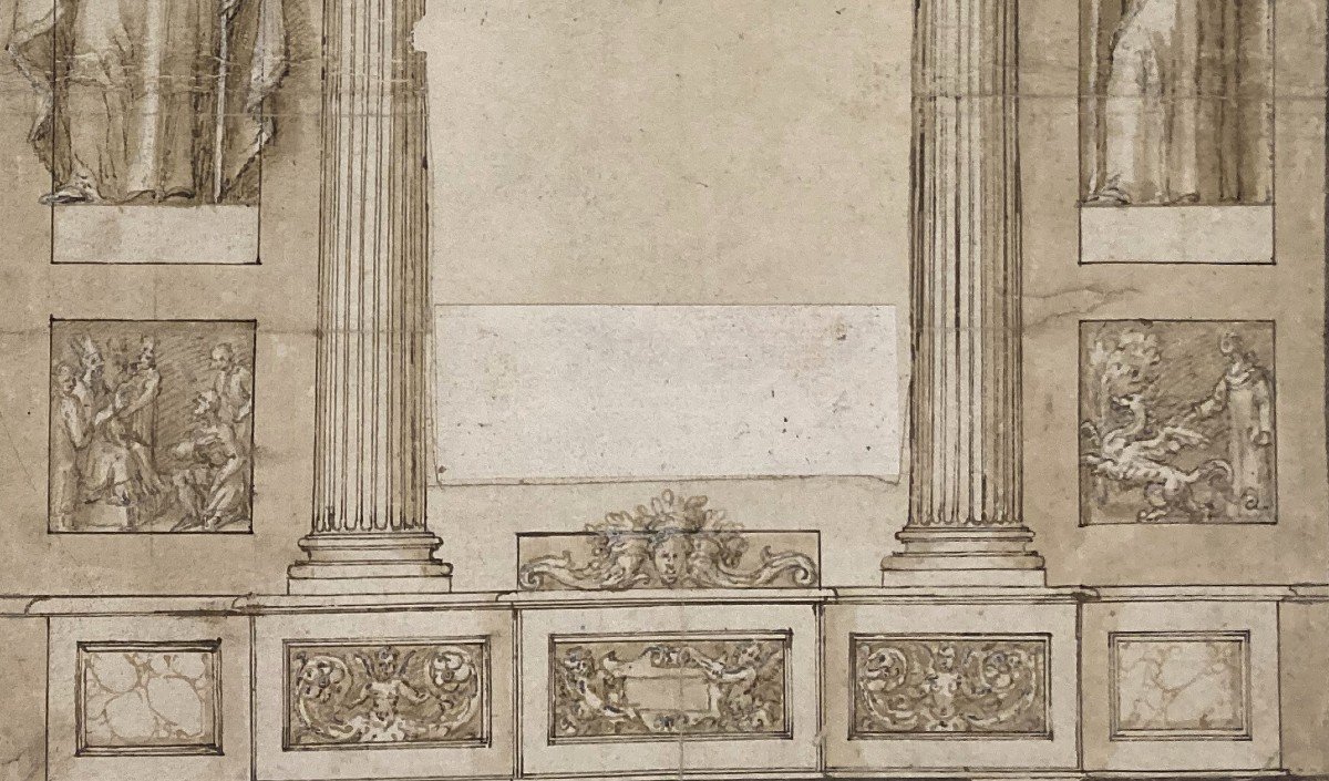 Italian School 17th Century "project Of Architectural Elements" Drawing In Pen And Brown Wash-photo-3