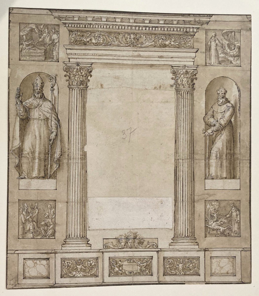 Italian School 17th Century "project Of Architectural Elements" Drawing In Pen And Brown Wash-photo-4