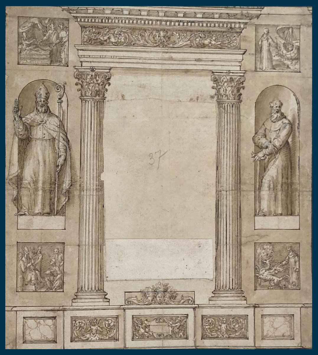 Italian School 17th Century "project Of Architectural Elements" Drawing In Pen And Brown Wash