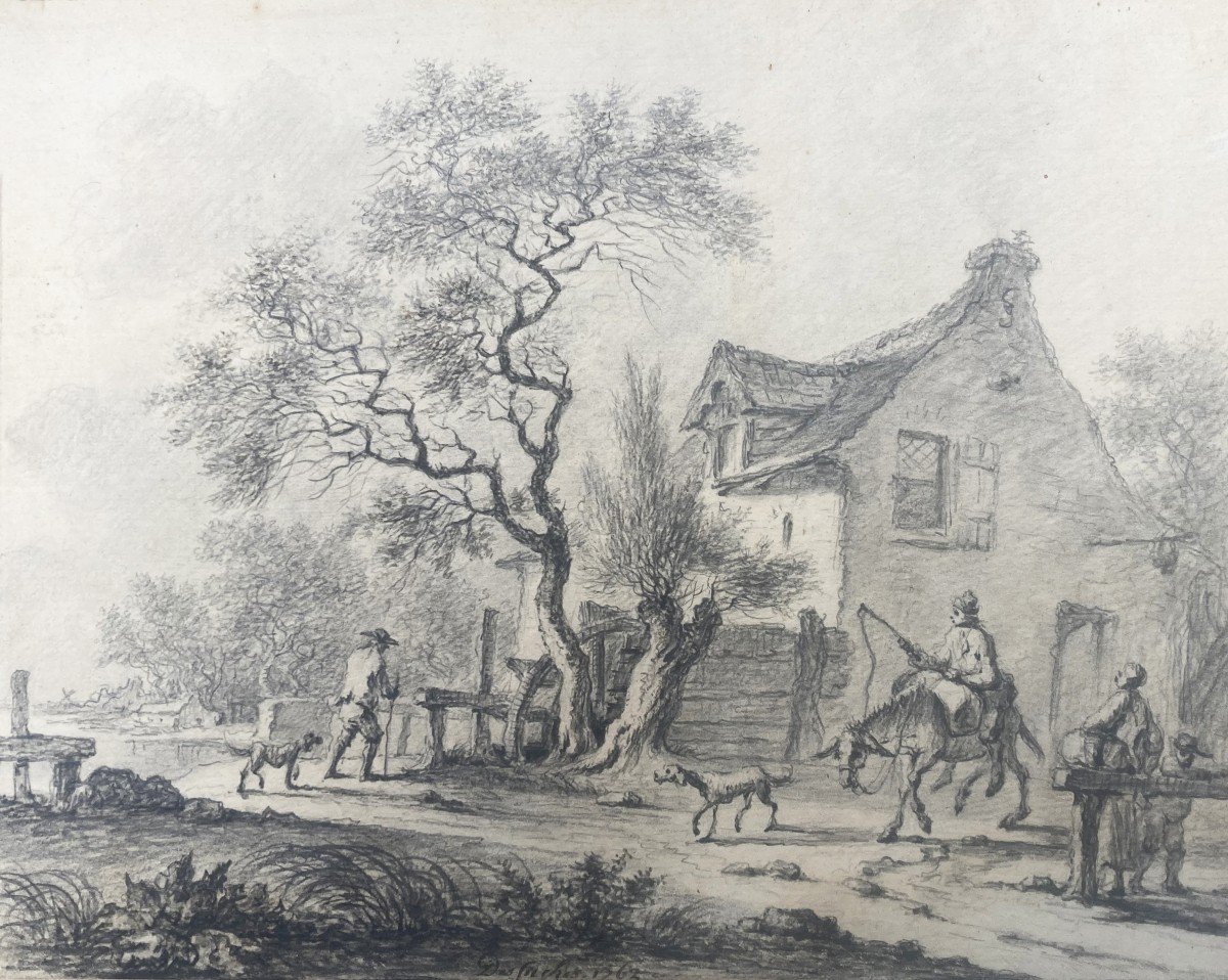 DESFRICHES Thomas-Aignan (1715-1800) "Paysage animé" Dessin à la pierre noire, Signé et daté-photo-2