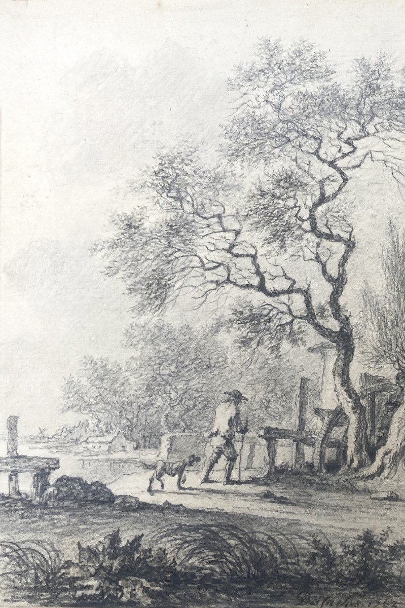DESFRICHES Thomas-Aignan (1715-1800) "Paysage animé" Dessin à la pierre noire, Signé et daté-photo-3