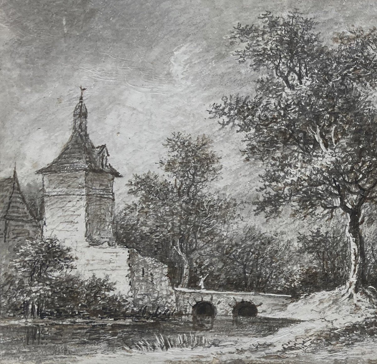 Desfriches Thomas-aignan (1715-1800) "animated Landscape" Drawing In Black Chalk, Signed And Dated-photo-2