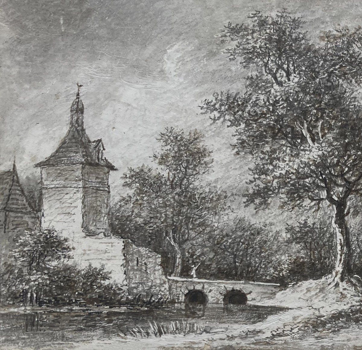 DESFRICHES Thomas-Aignan (1715-1800) "Paysage animé" Dessin à la pierre noire, signé et daté-photo-2
