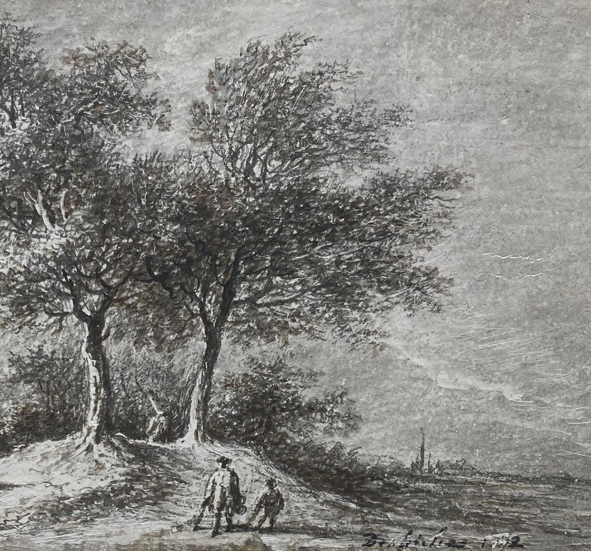 Desfriches Thomas-aignan (1715-1800) "animated Landscape" Drawing In Black Chalk, Signed And Dated-photo-3