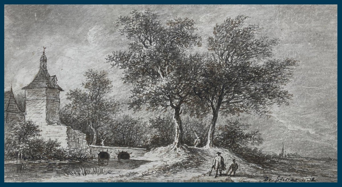 Desfriches Thomas-aignan (1715-1800) "animated Landscape" Drawing In Black Chalk, Signed And Dated