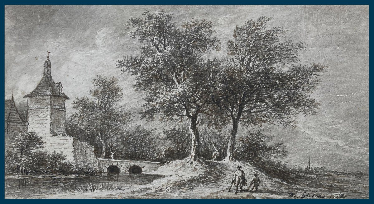 DESFRICHES Thomas-Aignan (1715-1800) "Paysage animé" Dessin à la pierre noire, signé et daté