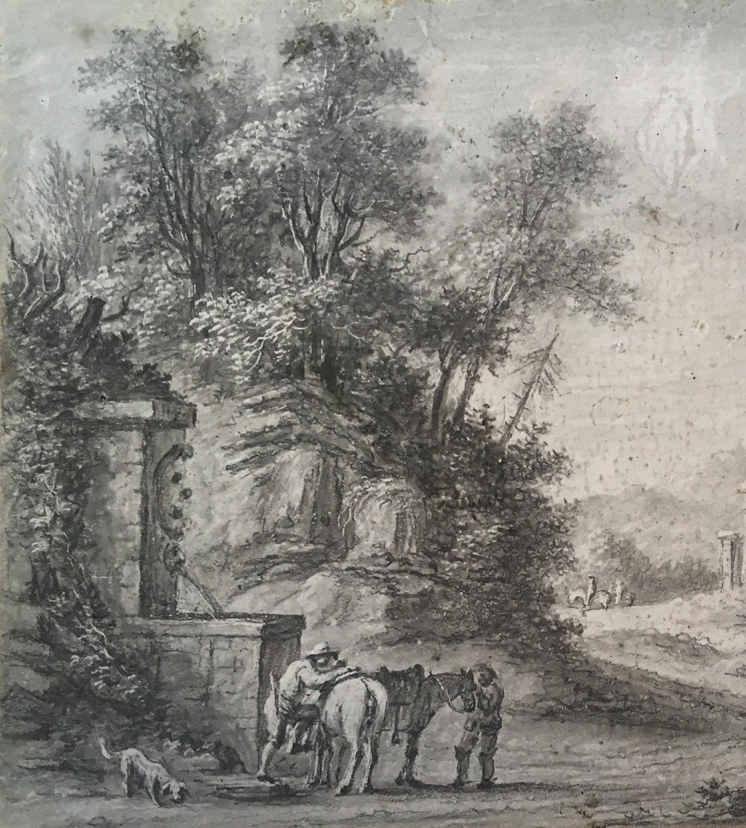 DESFRICHES Thomas Aignan (1715-1800) "Paysage et cavaliers"Dessin à la pierre noire et grattage-photo-2