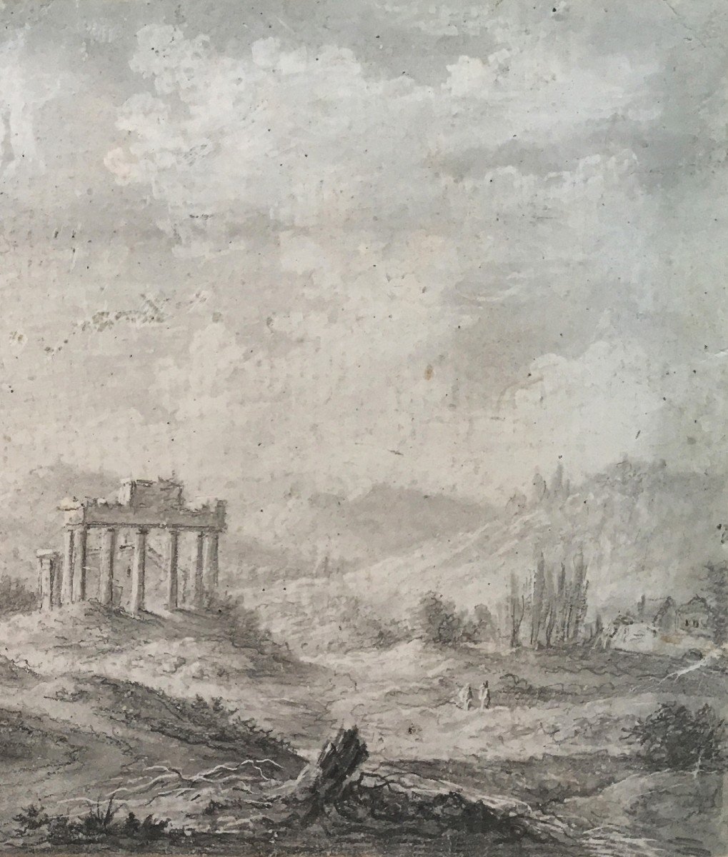 DESFRICHES Thomas Aignan (1715-1800) "Paysage et cavaliers"Dessin à la pierre noire et grattage-photo-3