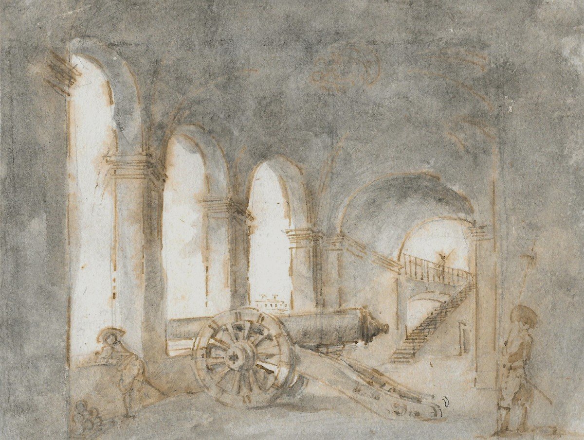 Robert Hubert (1733-1808) "interior Of A Palace" Pen And Gray Wash Drawing, 19th Century Frame-photo-2