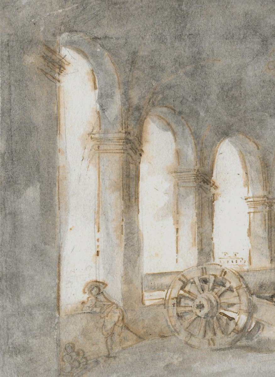 Robert Hubert (1733-1808) "interior Of A Palace" Pen And Gray Wash Drawing, 19th Century Frame-photo-3