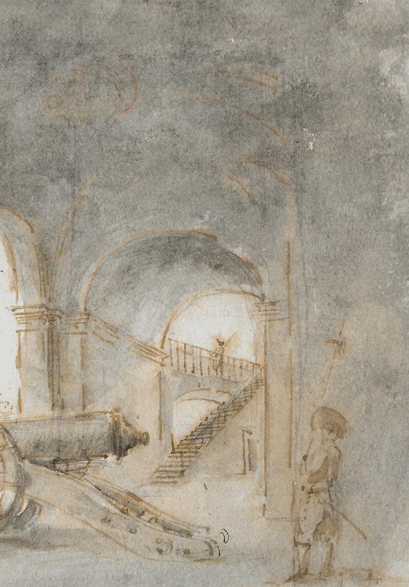 Robert Hubert (1733-1808) "interior Of A Palace" Pen And Gray Wash Drawing, 19th Century Frame-photo-4