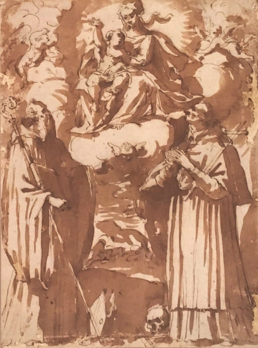 ECOLE ITALIENNE VERS 1600 "La Vierge à l'enfant entourée de Saints" Dessin/Plume et lavis brun-photo-2