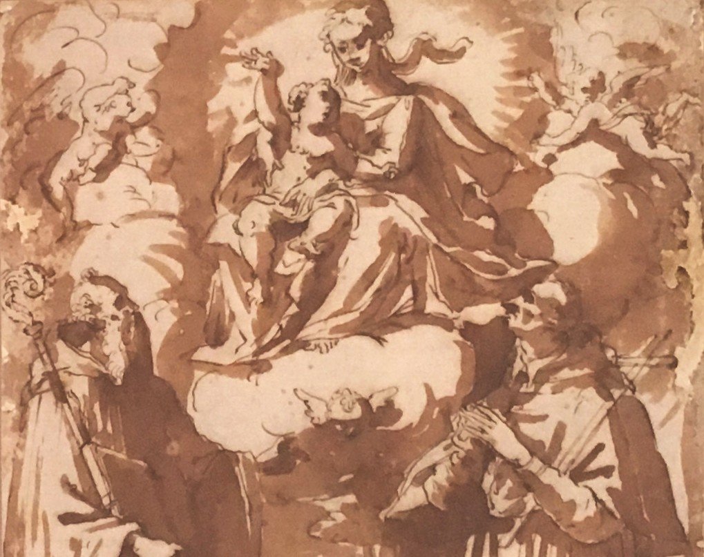 ECOLE ITALIENNE VERS 1600 "La Vierge à l'enfant entourée de Saints" Dessin/Plume et lavis brun-photo-3