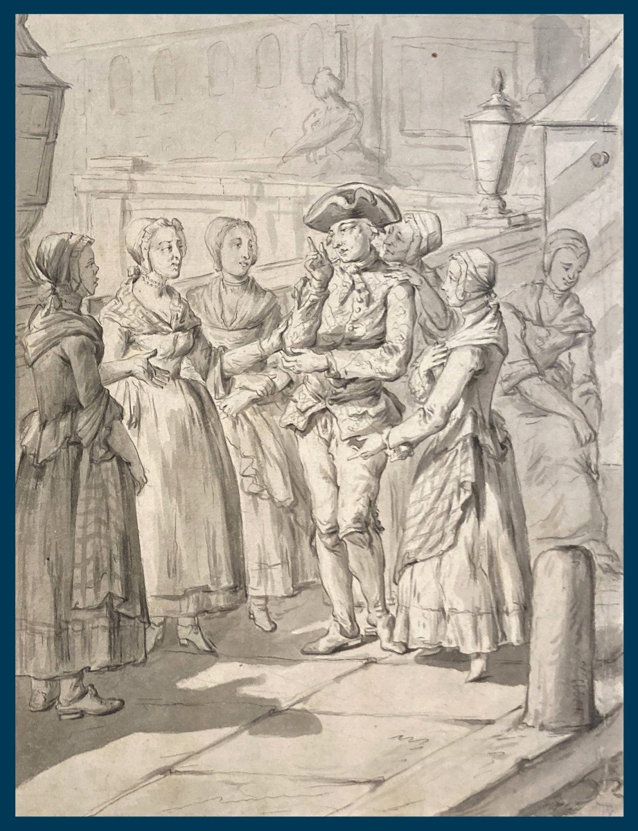 Dutch School 18th Century "the Discussion" Pen And Gray Wash Drawing