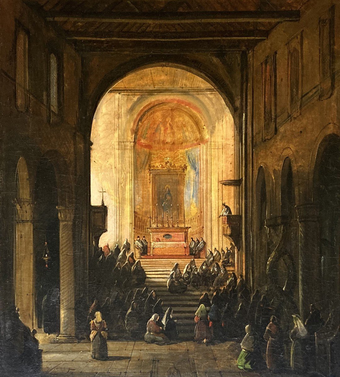 GRANET François-Marius (1775-1849) "Intérieur d'une église" Huile/toile, signé, Cadre début 19e-photo-2