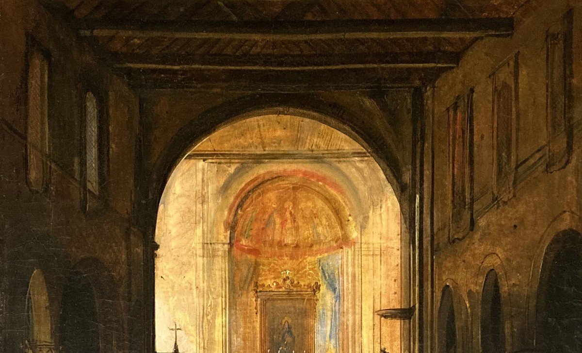 GRANET François-Marius (1775-1849) "Intérieur d'une église" Huile/toile, signé, Cadre début 19e-photo-3