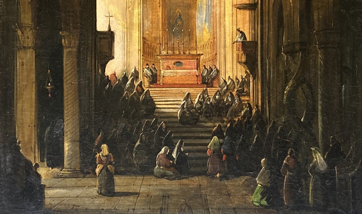 GRANET François-Marius (1775-1849) "Intérieur d'une église" Huile/toile, signé, Cadre début 19e-photo-4