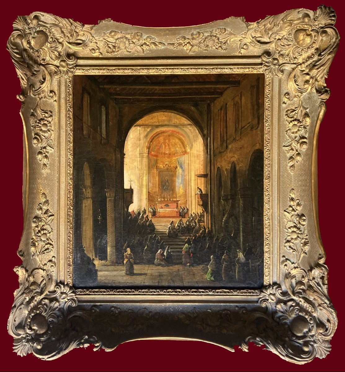 GRANET François-Marius (1775-1849) "Intérieur d'une église" Huile/toile, signé, Cadre début 19e